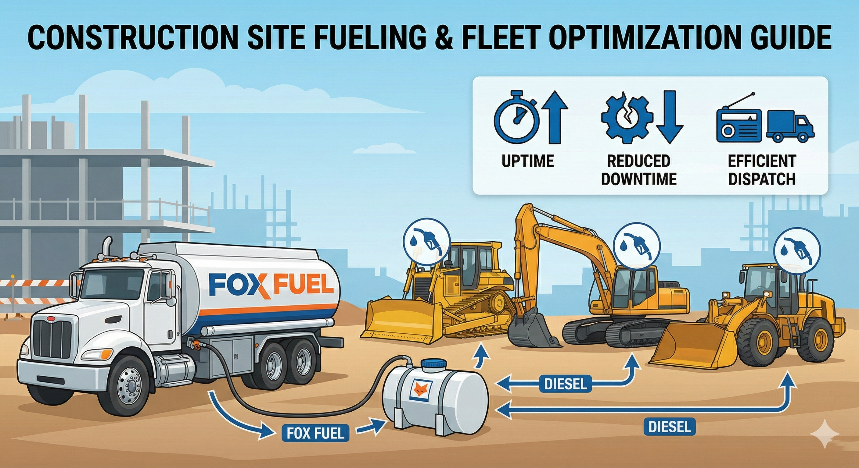 Construction site with heavy equipment and fuel delivery truck - illustrating jobsite fueling logistics and fleet optimization