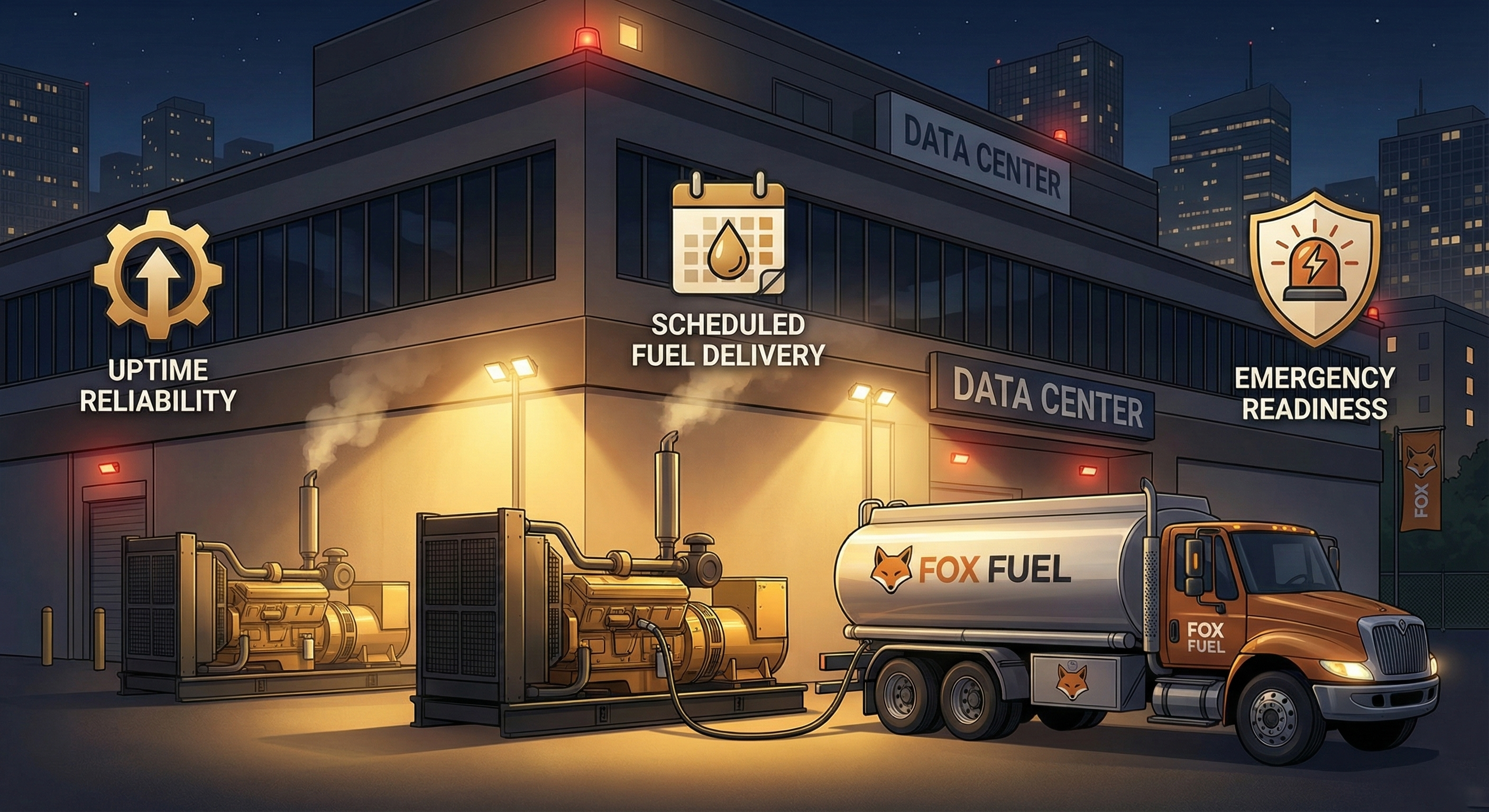 Data center backup generators with fuel delivery truck - illustrating emergency fuel readiness for critical facilities