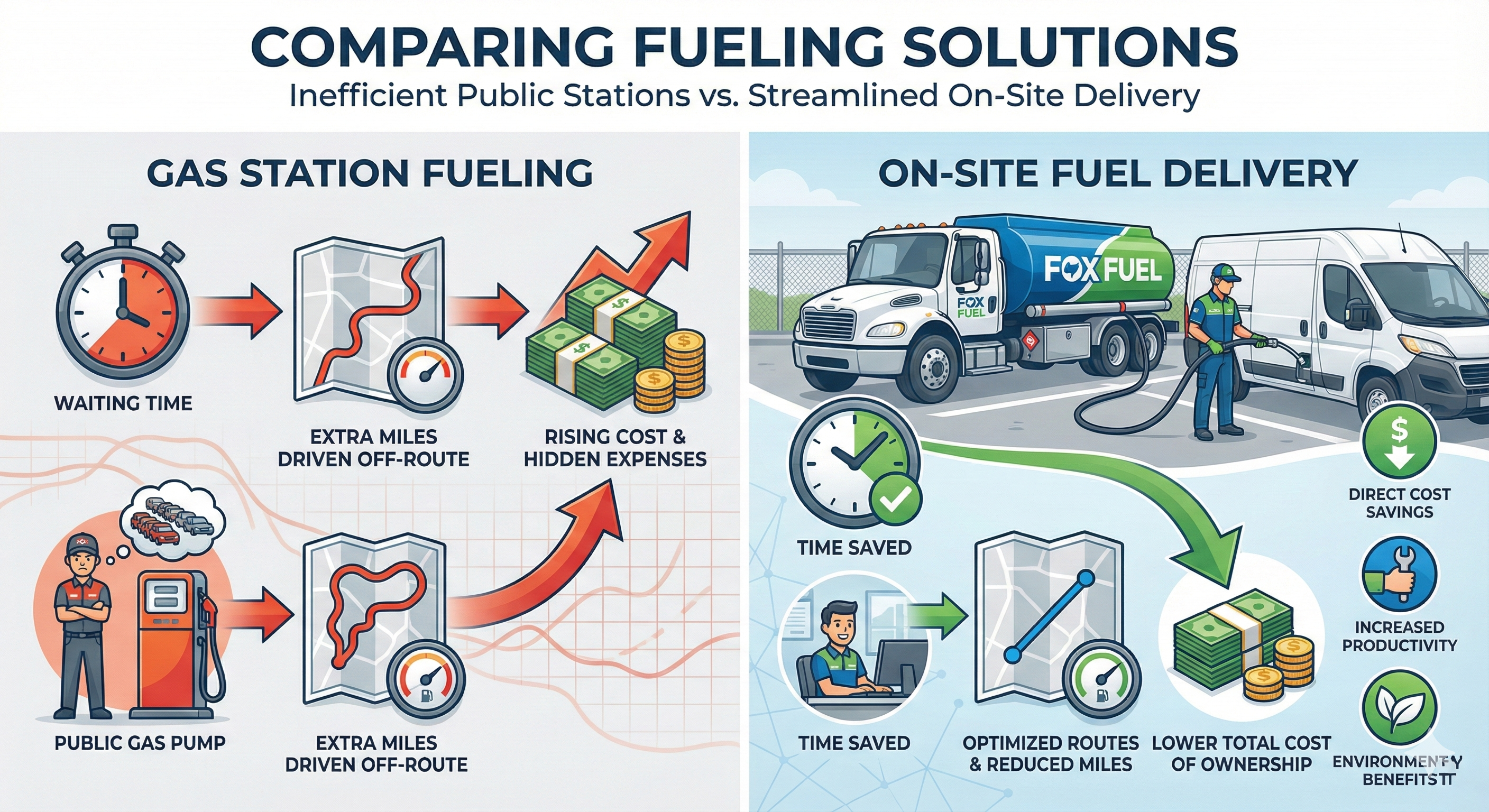Infographic comparing managed fuel program benefits versus ad-hoc purchasing approaches for commercial operations